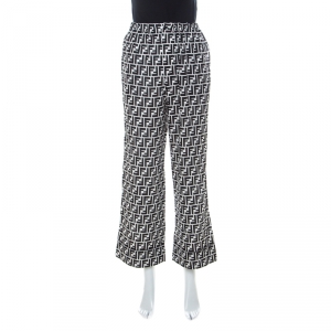 Pre Owned Fendi Black & White Monogram Logo Print Silk Crepe De Chine Wide Leg Cropped Pants S