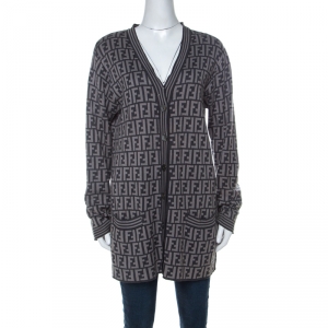 Pre Owned Fendi Grey Zucca Pattern Cotton Button Front Cardigan M