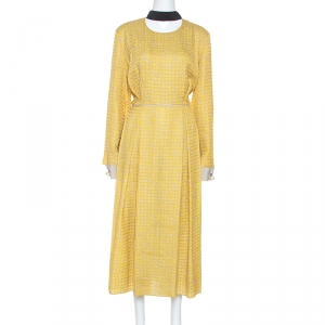 Pre Owned Fendi Yellow Textured Silk Collar Tie Detail Grisaille Maxi Dress L