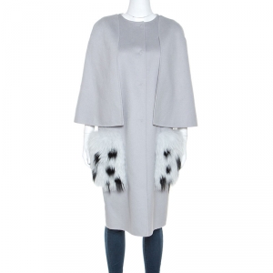 Fendi Light Grey Wool Fur Pocket Detail Coat M