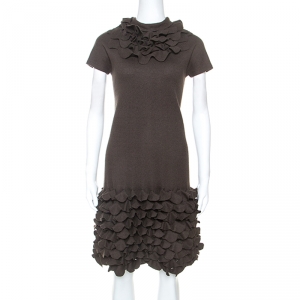 Pre Owned Fendi Brown Fleece Flounce Trim Detail Dress S
