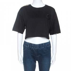 Pre Owned Fendi Black Cotton Logo Panel Crop Top S