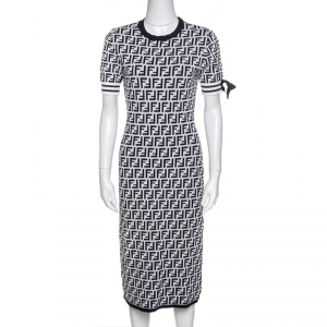 Pre Owned Fendi Monochrome Zucca Monogram Print Stretch Knit Short Sleeve Dress M
