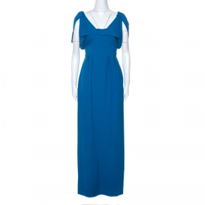 Pre Owned Fendi Blue Wool Blend Crepe Raw Edge Detail Maxi Dress M