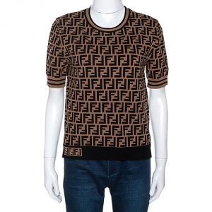 Pre Owned Fendi Black & Brown Zucca Monogram Print Knit Top M