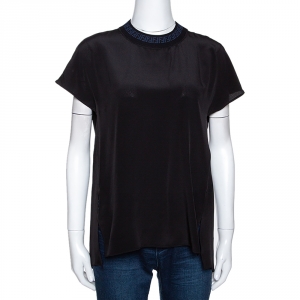 Pre Owned Fendi Black Silk Ribbed Zucca Detail Top S