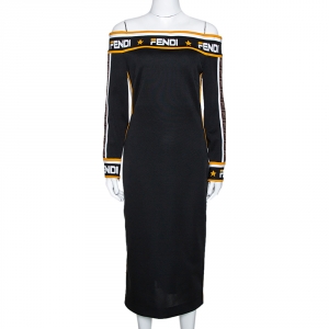 Pre Owned Fendi Black Stretch Knit Logo Trimmed Off Shoulder Midi Dress M