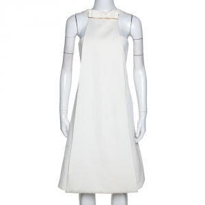 Pre Owned Fendi Off White Textured Cotton Silk Bow Detail Halter Dress M