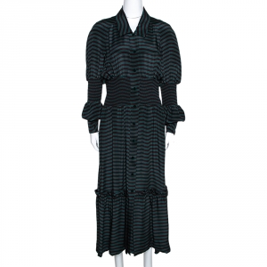 Pre Owned Fendi Dark Green & Black Silk Wavy Print Midi Dress M 