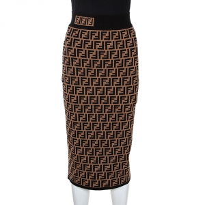 Pre Owned Fendi Brown Zucca Monogram Intarsia Knit Pencil Skirt S 