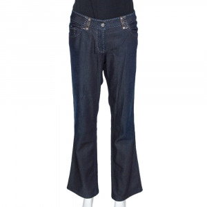 Fendi Indigo Denim & Leather Trim Straight Leg Jeans L