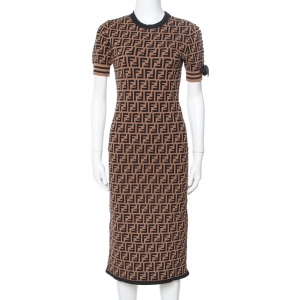 Pre Owned Fendi Brown Zucca Monogram Pattern Knit Fitted Dress S