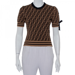 Pre Owned Fendi Brown Zucca Monogram Knit Tie Detail Crewneck Jumper S 