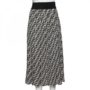 Pre Owned Fendi Monochrome Logo Printed Silk Elastic Waist Pleated Midi Skirt S