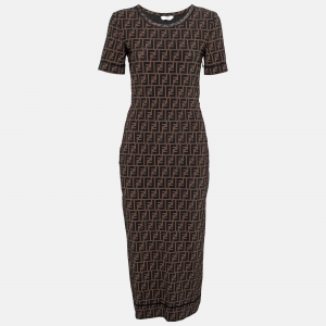 Fendi Brown Zucca Print Mesh Midi Dress S