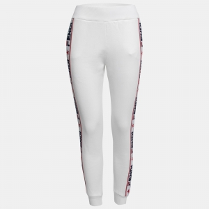 Pre Owned Fendi White Cotton Logo Tape Trimmed Joggers M