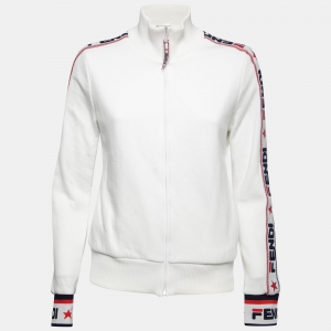 Pre Owned Fendi White Cotton Jersey Logo Stripe Detail Track Jacket M