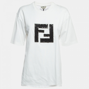 Pre Owned Fendi White Logo Embroidered Cotton Half Sleeve T-Shirt S