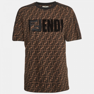 Pre Owned Fendi Brown Logo Printed Cotton Embroidered Crewneck T-Shirt M