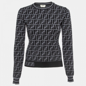 Pre Owned Fendi Grey/Black Monogram Knit Pullover S