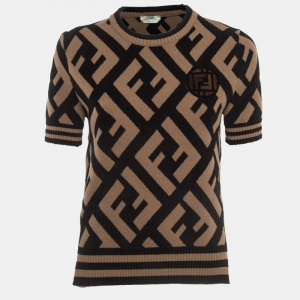 Pre Owned Fendi Brown/Black Zucca Embossed Knit Top M