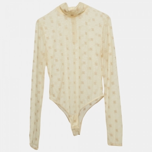 Pre Owned Fendi Beige FF Embroidered Mesh Bodysuit S