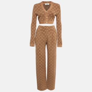 Fendi Brown Jacquard Knit Trouser and Cardigan Set S