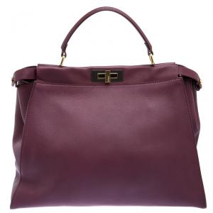 Pre Owned Fendi Burgundy Leather Large Peekaboo Top Handle Bag