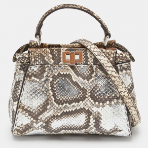 Pre Owned Fendi Beige Selleria Python Mini Peekaboo Top Handle Bag