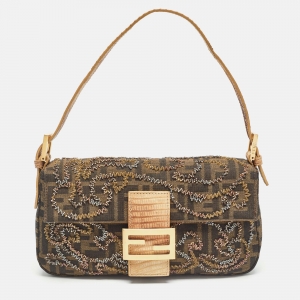 Fendi Beige/Tobacco Zucca Canvas and Lizard Embossed Leather Flap Beaded Baguette Bag