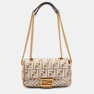 Pre Owned Fendi Beige/White FF Raffia and Leather Midi Chain Baguette Bag