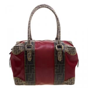 Fendi Red Zucca Coated Canvas Mixed Media Boston Bag