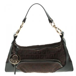 Pre Owned Fendi Brown/Black Zucchino Canvas and Leather Front Pocket Shoulder Bag