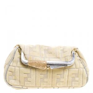 Pre Owned Fendi Cream Zucca Fabric Folded Clutch