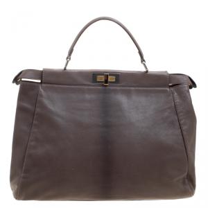 Pre Owned Fendi Dark Beige Ombre Leather Large Peekaboo Top Handle Bag