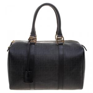 Fendi Black Zucchino Canvas Forever Bauletto Boston Bag