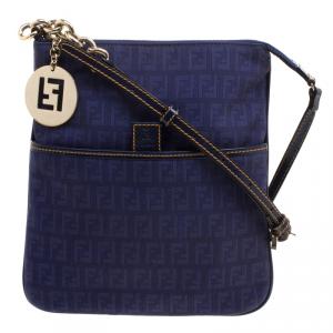 Pre Owned Fendi Blue Zucchino Canvas Crossbody Bag