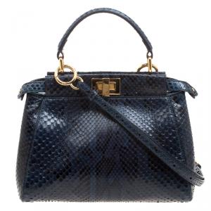Pre Owned Fendi Navy Blue Python Mini Peekaboo Top Handle Bag