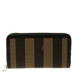 Pre Owned Fendi Black/Tobacco Pequin Canvas Zip Around Wallet