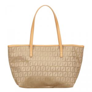 Pre Owned Fendi Beige Zucchino Canvas Small Roll Tote