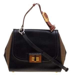 Pre Owned Fendi Black/Tobacco Leather and Pequin Canvas Silvana Top Handle Bag