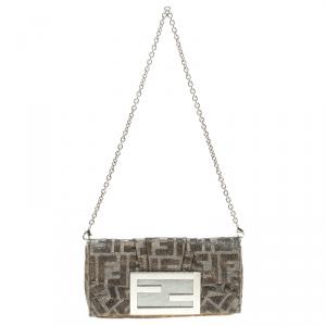 Pre Owned Fendi Silver/Gold Shimmering Fabric Mini Mia Shoulder Bag