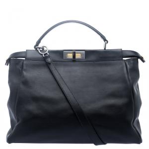 Pre Owned Fendi Black Leather with Python Lining Large Peekaboo Top Handle Bag