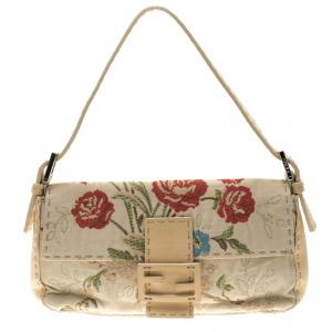 Pre Owned Fendi Beige Floral Embroidered Fabric Mama Baguette Shoulder Bag