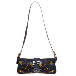 Pre Owned Fendi Dark Blue Beaded Denim Mama Baguette Shoulder Bag