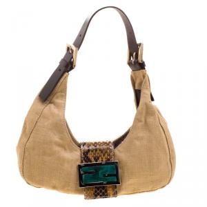 Pre Owned Fendi Beige Canvas and Python Trim Mini Mama Baguette Shoulder Bag