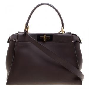 Pre Owned Fendi Dark Brown Leather Medium Peekaboo Top Handle Bag