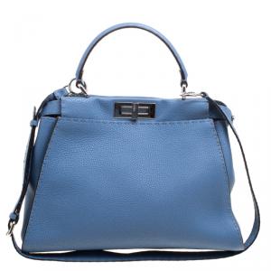Pre Owned Fendi Blue Selleria Leather Medium Peekaboo Top Handle Bag