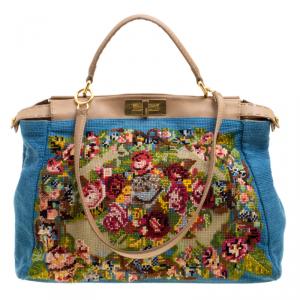 Pre Owned Fendi Blue/Beige Fabric Large Cross Stitch Peekaboo Bag