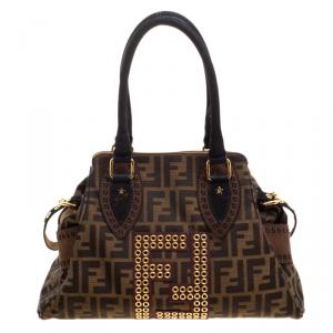 Pre Owned Fendi Brown Zucca Canvas Eyelet Embellished Chef De Jour Bag